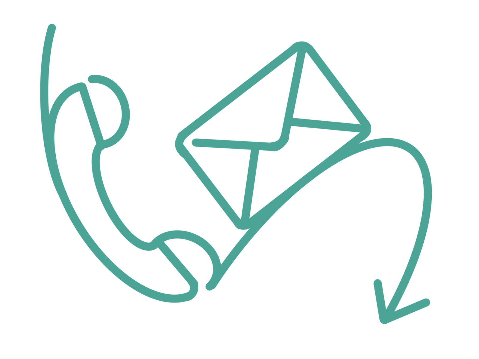 A flowing line forming the shape of a phone and mail ending in a downward arrow